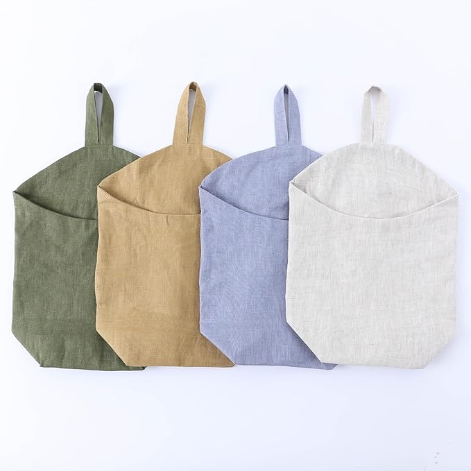 100% Linen Hanging Bags - 2 Pcs, Small Wall Storage Baskets for Kitchen, Bedroom, RV, Camper Organizer, Sewing Room, Nursery, Kids Room, Blue