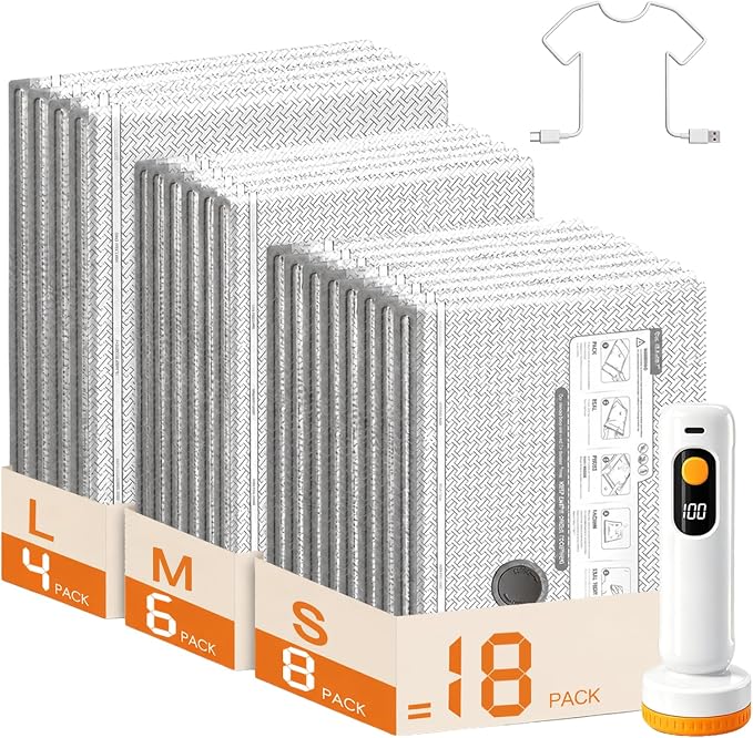 Travel Vacuum Bags with Pump – 18 Vacuum Storage Bags for Clothing, Travel & Home Storage, Double Zipper, Space Saving, Portable, Rechargeable