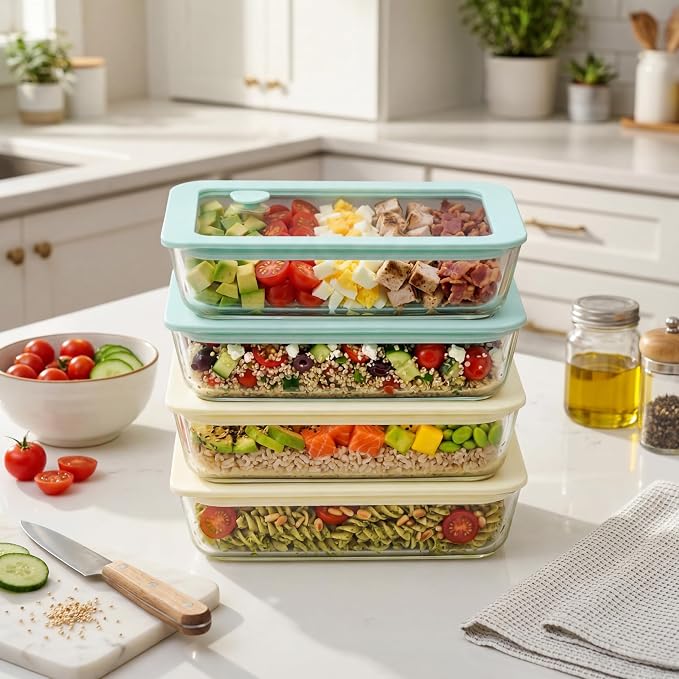 Urban Green Glass Food Container Set with Glass Lid, 4 Pack, Food Storage Containers with Airtight Lid, LeakProof, 100% Plastic Free, Meal Prep Container Set