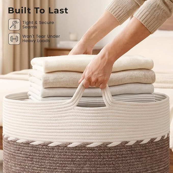 OIAHOMY 90L Extra Large Blanket Basket - Decorative Cotton Rope Storage Basket for Bedroom, Living Room & Nursery - Woven Laundry Hamper for Organizing Blankets, Clothes & Toys - Black