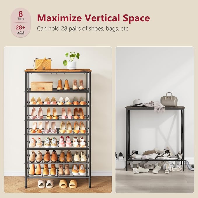 Tajsoon 8 Tier Shoe Rack Organizer for 28-32 Pairs of Shoes, Metal Mesh Shoe Shelf for Closet, Industrial Shoe Rack for Entryway Shoe Storage with X Shape Fixed Frame, Rustic Brown & Black