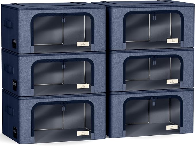 Sorbus Storage Bins with Metal Frame - Stackable & Foldable Clothes Organizer Bags - Oxford Fabric Storage Containers with Large Clear Window & Carry Handles, Bedroom Organization for Bedding & Linen