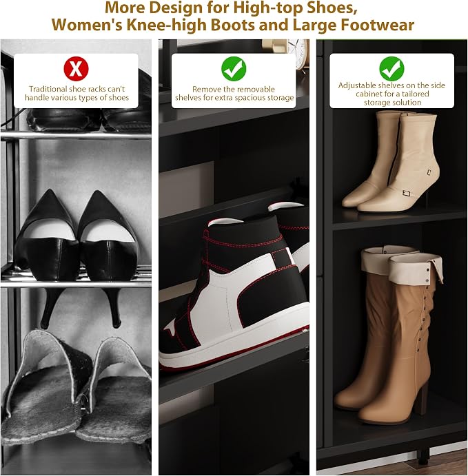 Garvee Shoe Cabinet with 3 Flip Drawers, Freestanding Shoe Organizer with 4-Tier Shoe Storage Cabinet and Adjustable Shelf & Rattan Doors,Narrow Shoe Rack Cabinet for Entryway, Closet, Hallway