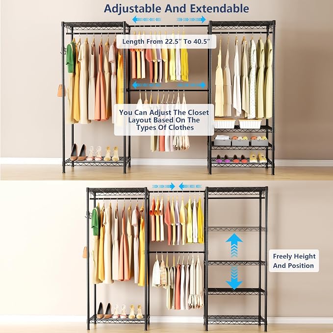 Heavy Duty Closet Garment Rack, Metal Clothes Racks Wardrobe with Shelf | 6 Tiers Adjustable Metal Freestanding Expandable Clothing Storage with 4 Hanger Rods, 71.4"H x (70"-88.2") L x 14"D, Black
