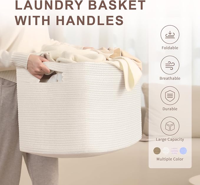 100L Extra Large Woven Laundry Basket Hamper with Handles, White | 24"x16"x16", collapsible wicker hamper, storage for dirty clothes, toys, blankets, gifts, living room, bedroom, bathroom