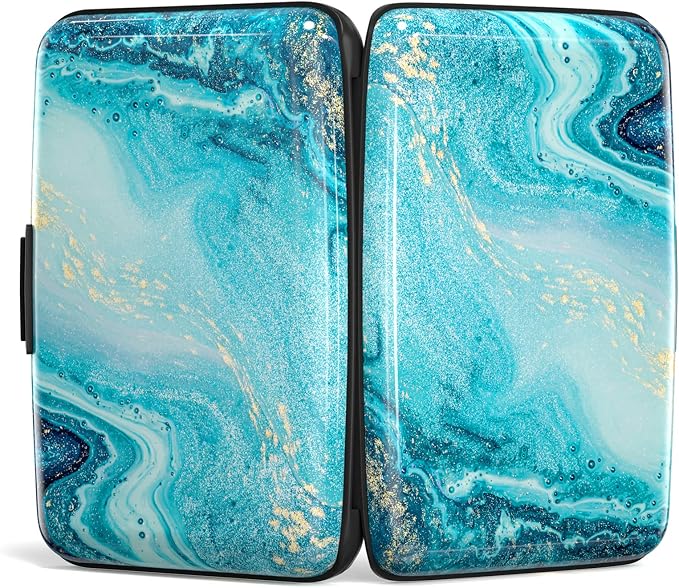 Credit Card Holder for Women, Small RFID Metal Credit Cards Wallets Cute Business Card Holder Pocket ID Case, Blue Ocean Marble