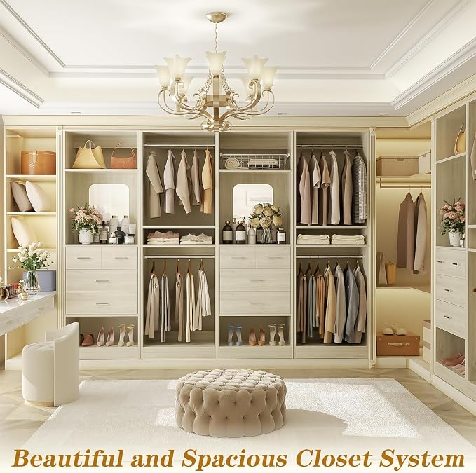 Unikito 100" Closet System with Drawers, 8.3FT Wood Closet Organizer with Hanging Rods, Mirror and Shelves, Large Walk-In Closet Organization Towers, White Oak