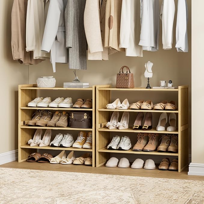 4 Tier Bamboo Shoe Rack, Tall Wood Shelf for Closet | 4 tiers maximize vertical space. 6.7in height fits boots. Great for living room, closet, balcony.