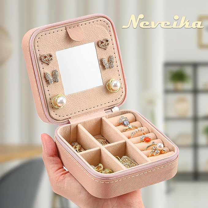 Neveika Jewelry Box with Mirror,Small Jewelry Organizer Box，Travel Jewelry Case for Women，Gift Jewelry Boxes for Female Girls (4pcs mirror pink)
