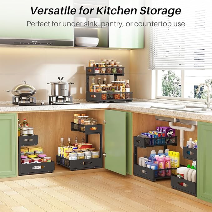 Under Sink Organizer, 2-Pack Pull Out Cabinet Organizer 2 Tier Metal Slide Out Storage Shelf Rack, L-Shaped Adjustable Height,Mesh Sliding Drawer for Kitchen, Bathroom, Laundry, Pantry, Black, XL