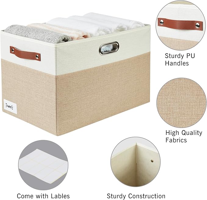 Bagnizer Large Collapsible Fabric Storage Bins with 3 Handles, Foldable Organizer Baskets for Closet, Shelves, Living Room | 3 Pack, Durable PU & Metal Handles (17"x11.8"x11.8", Beige & White)
