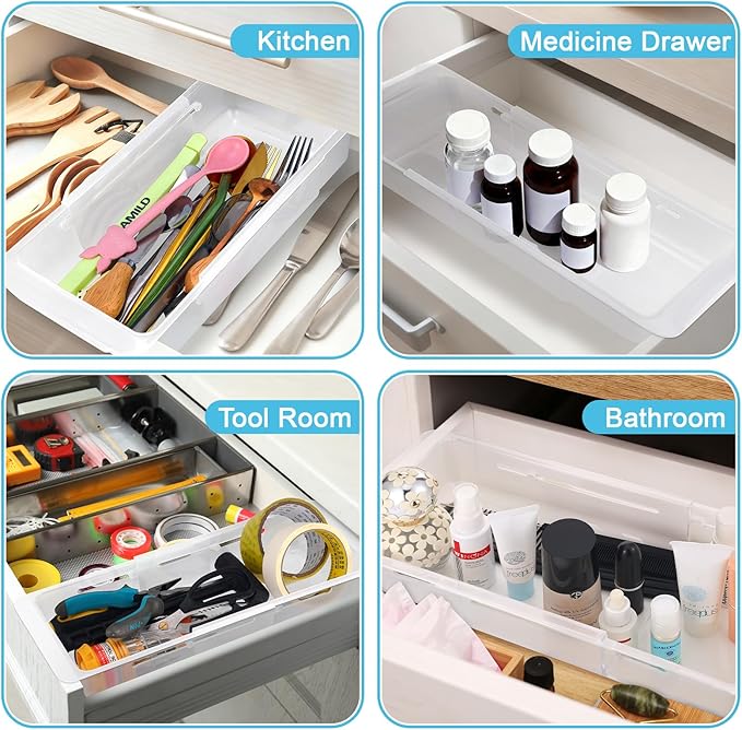 2 PCS Deep Drawer Organizer Bin Adjustable Sliding Drawer Organizers Clear Expandable Transparent Organizer Trays for Home Office Kitchen Makeup Storage Tools
