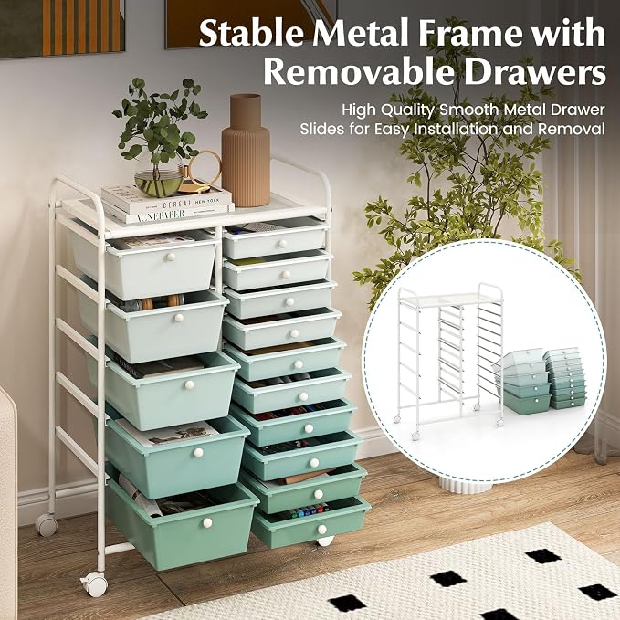 RELAX4LIFE 15-Drawer Storage Drawer Carts - Mobile Rolling Utility Cart | 34.5"H White Metal Frame, Gradient Green Drawers, Rolling Wheels; Classroom School Office Home Craft Utility Storage