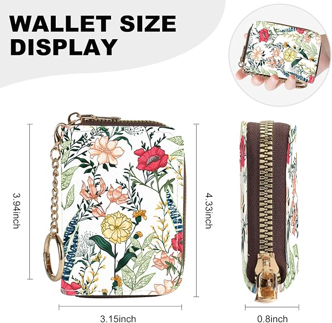 Credit Card Holder for Women,Small Rfid Wallet with Keychain Zipper,Cute PU Leather Card Case Wallet，Accordion Credit Card Wallets Gift,Red and Yellow Flower C