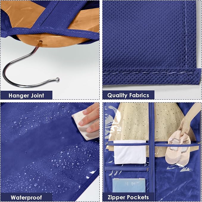 Univivi Kids Garment Bags for Dance Costumes 40 Inch Hanging Dance Costume Bag for Dance Competitions, with 3 Medium Clear Zipper Pockets for Dance Costumes, Closet Storage (Navy Blue), 1 Pack