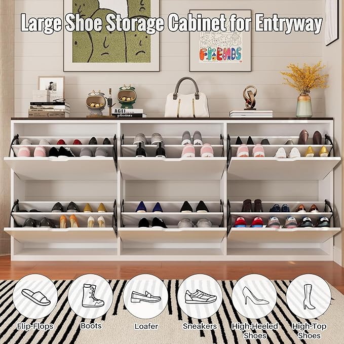 Mekminop 70.9" W Large Shoe Storage Cabinet with 6 Flip Drawers, White Shoe Organizer Cabinet for Up to 36 Pairs, Narrow Shoe Cabinet for Entryway, Hallway, Living Room