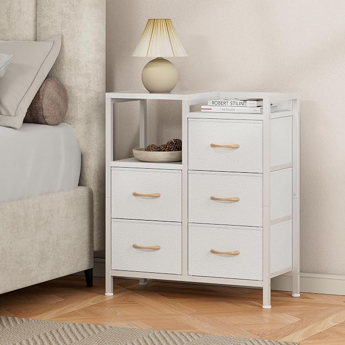 Furnulem White Dresser for Bedroom, 5 Drawer Small Fabric Closet Dresser | Small Chest of Drawers, Storage Cabinet Organizer with 2 Tier Shelf, Closet Drawer Units with Metal Frame, Dresser for Dorm