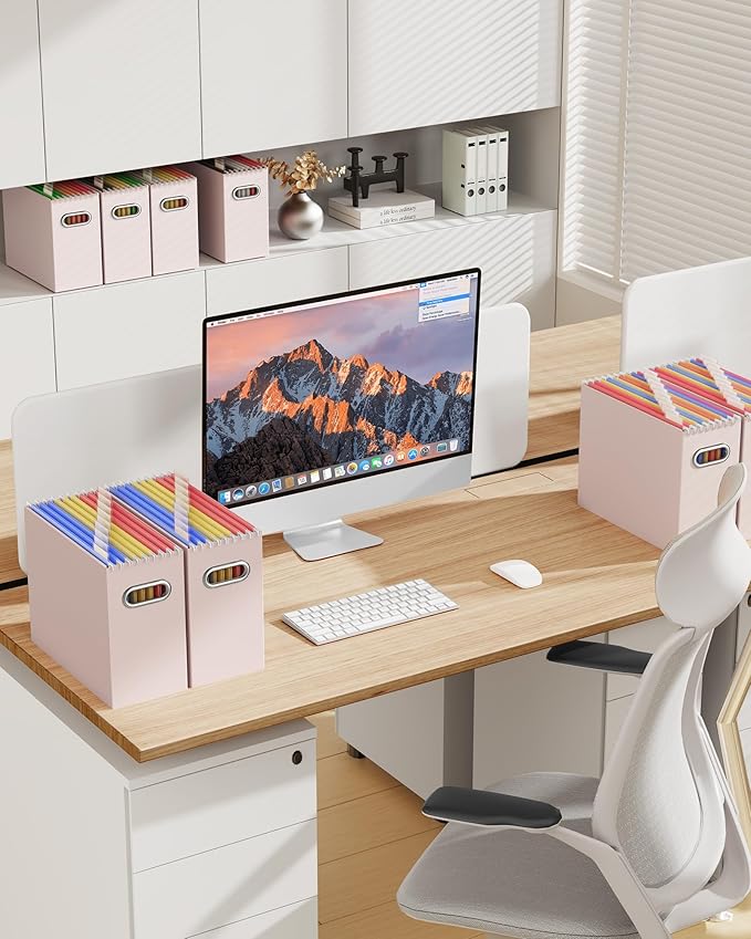 Oterri Cardboard File Organizer Box for Hanging File Folders Letter Size,File Box for Computer Desk,File Cabinet,Working Home,Office,Classroom (Light Pink, Letter Size - 4 Packs)