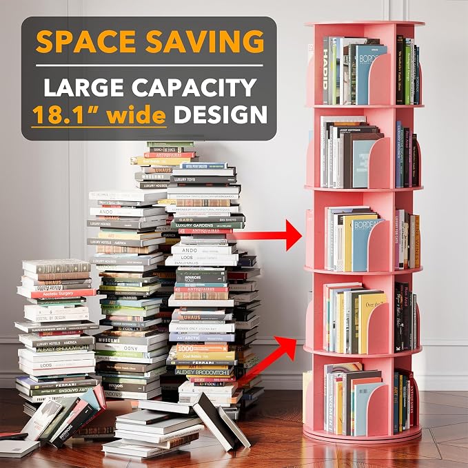 SpaceAid 5 Tier Rotating Bookshelf Tower, Spinning Bookcase Lazy Susan, Revolving 360 Book Shelf Storage Round Carousel, Vertical Rotate Turning Spiral Corner Organizer, Pink