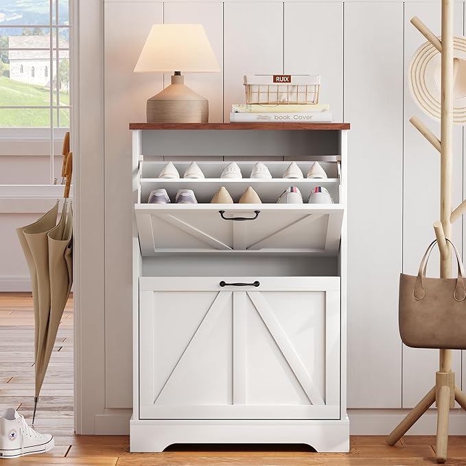 Semiocthome Farmhouse Shoe Storage Cabinet with 2 Flip Drawers, 23.6"(W) Freestanding Shoe Organizer with Barn Door and Metal Handles for Entryway, Rustic Narrow Slim Shoe Rack Cabinet - White
