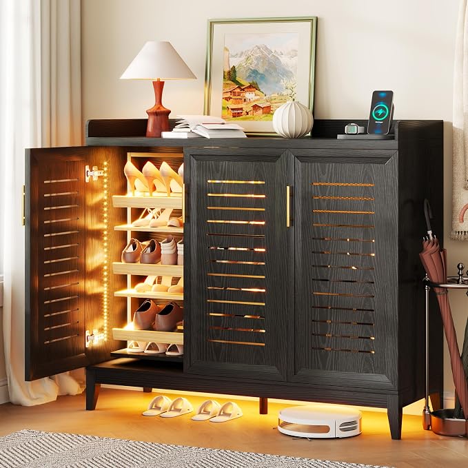 Vlsrka Shoe Storage Cabinet with Shutter Doors and Adjustable Shelves | 6 Tier Wooden Shoe Organizer, Large Capacity, Human Sensor Lighting, 180° Rotating, for Entryway, Hallway, Living Room, Black