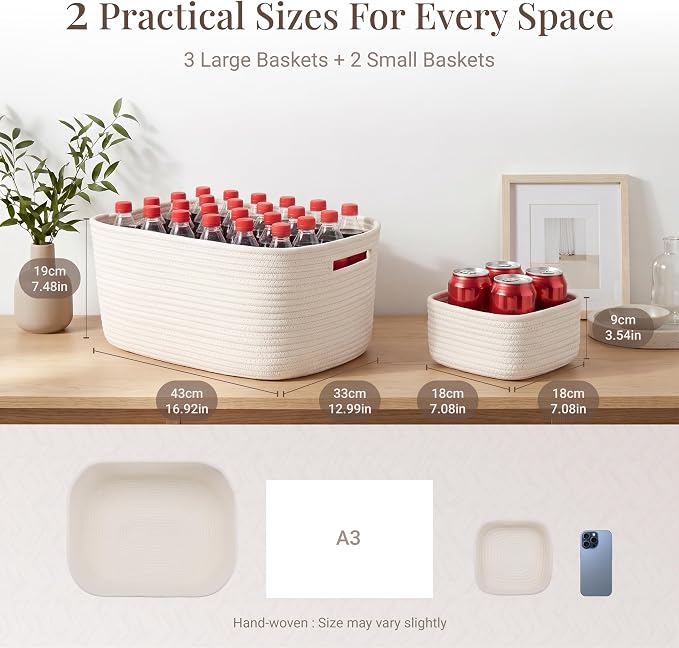 5-Pack Large Woven Rope Storage Baskets, 2 Sizes Organizer Bins | Fabric Cube Boxes and Rectangular Shallow Bins for Closet, Shelf, Bookshelf, Nursery, Changing Table, Bathroom, Toys & Home