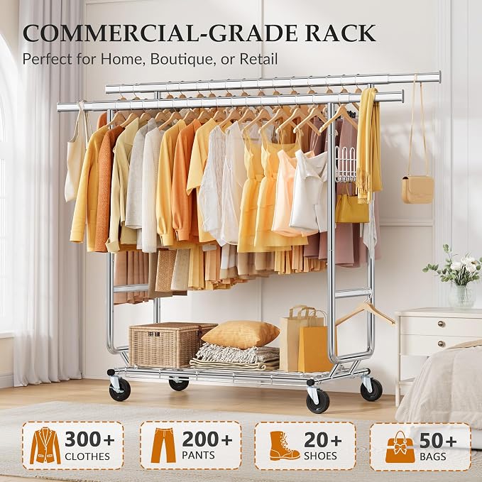 Gewudraw Clothes Rack Heavy Duty Load 900 Lbs With Wheels,Commercial,Chrome | Double Rod Rolling Clothing Rack, Adjustable | Portable | Collapsible, Hooks,Shelf,Garment Rack for Wardrobe,Bedroom,Silver
