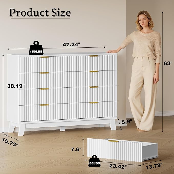 BORNOON Fluted 8 Drawer Tall Dresser, 47.2" Wide Modern Boho Chest of Drawers, Wooden Storage Dresser TV Stand for Bedroom, Living Room, Closet, Hallway, Curved Profile Design