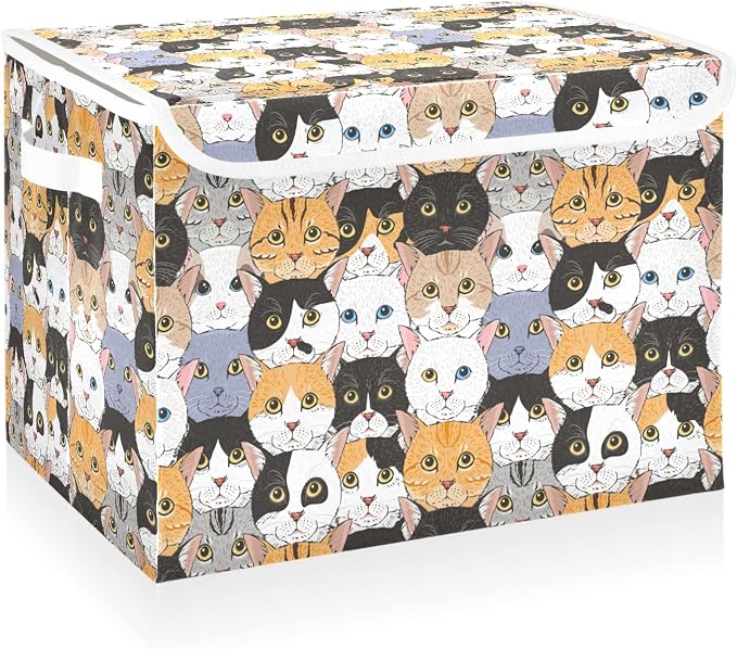CaTaKu Large Fabric Storage Bins With Lids, Animal Cats Head Storage Boxes With Handles for Organizing Clothes, Collapsible Storage Cube Bins Baskets for Shelves