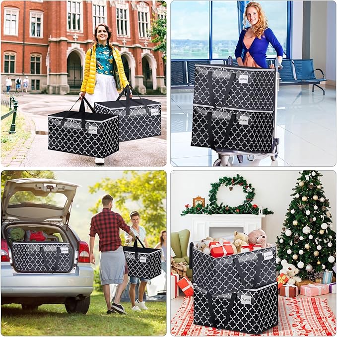 Extra Large Moving Bags, Heavy-Duty Storage Totes with Zipper Top and Sturdy Handles, Moving Supplies for Space Saving and Packing, Collapsible Storage Bags, Black & Gray, 125L, 4-Pack