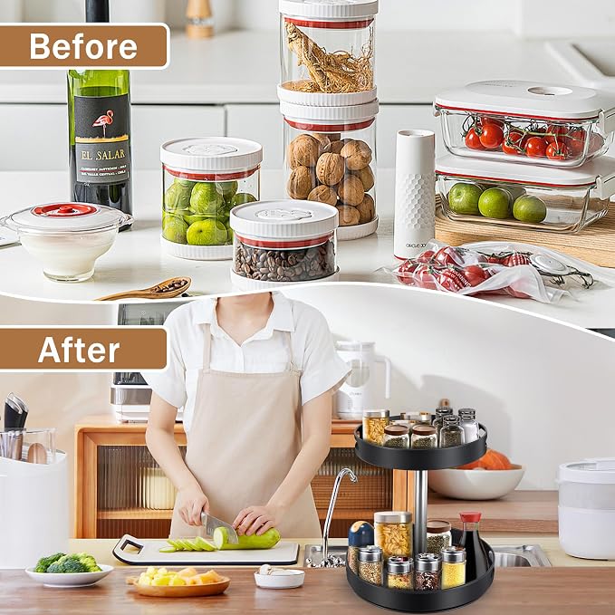 Lazy Susan Turntable Spice Rack, 2 Tier Adjustable Height Rotating Spice Organization, Revolving Seasoning Organizer 12 Inch for Kitchen Countertop Pantry Dining Table Coffee Storage(Black)