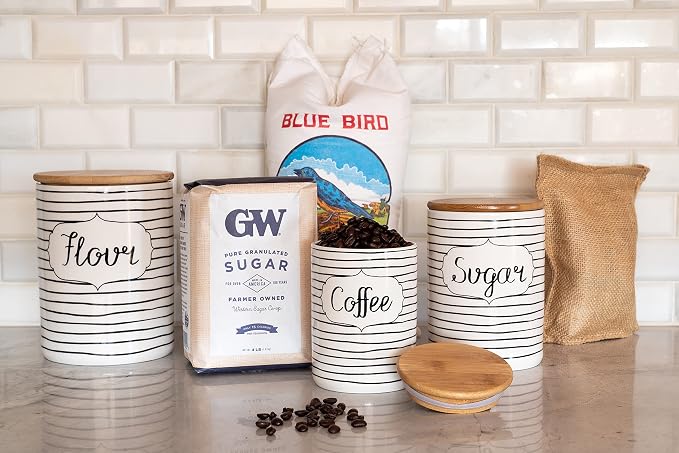 10 Strawberry Street Labeled Ceramic Kitchen Canister Set, Set of 3, Coffee Sugar Flour, White/Black, Bamboo Lids