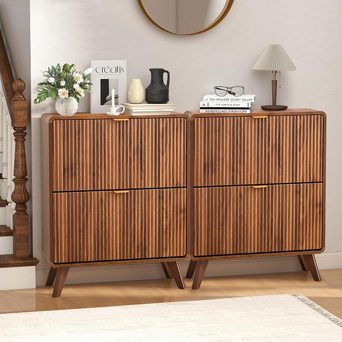 RARZOE Set of 2 Fluted Shoe Storage Cabinets for Entryway, Walnut | Narrow Curved Shoe Storage Cabinet with 2 Flip Drawers, Slim Shoe Rack Organizer for Foyer, Hallway, Fits Size 11 Shoes