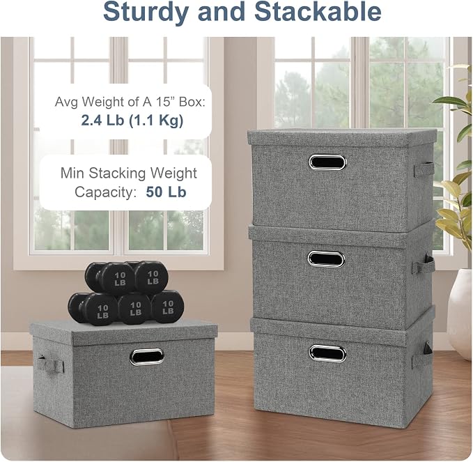 Graciadeco Medium 15" 21 Quart Collapsible Stackable Storage Bins with Lids, 5 Packs Grey Foldable Fabric Closet Boxes Heavy-duty Linen Cube Baskets Container for Bedroom Office (15 x 11 x 8)