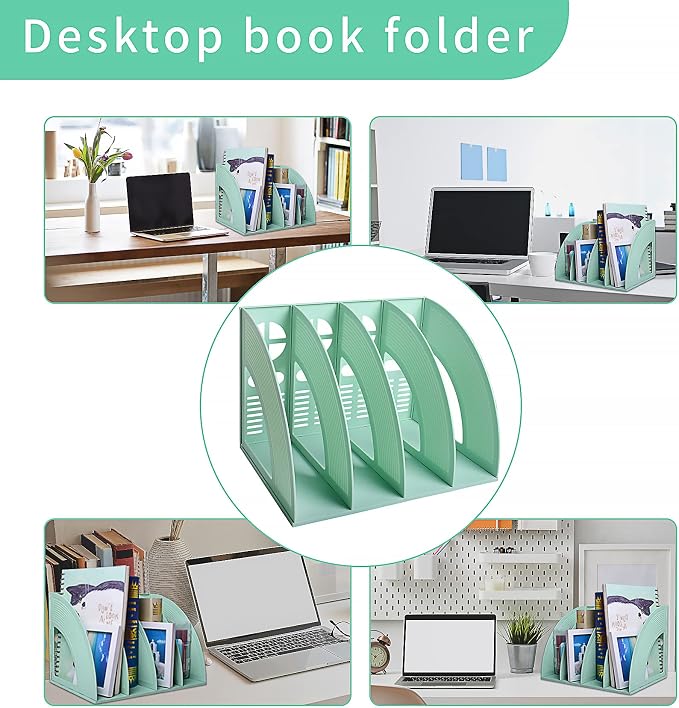 Marte Vanci Magazine File Holder Vertical PP Folder Book Desktop Organizer Plastic Storage Sturdy Vertical 4 Section Folder (Green)