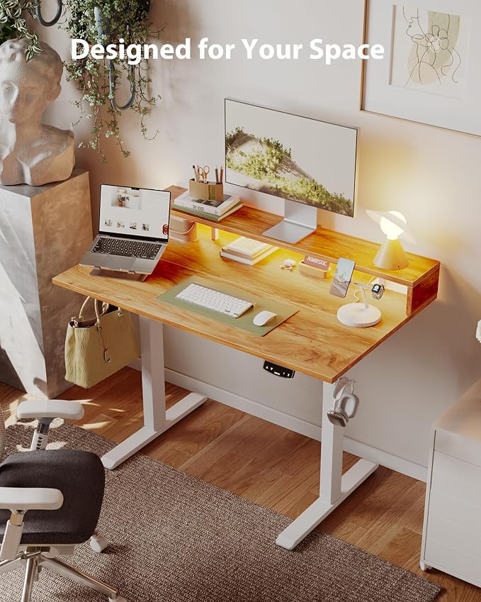 Agilestic 48x24 Inch Electric Standing Desk with Shelf, Height Adjustable Desk with Power Outlets & LED, Sit Stand Up Table with Monitor Stand, Computer Workstation, Light Rustic Brown