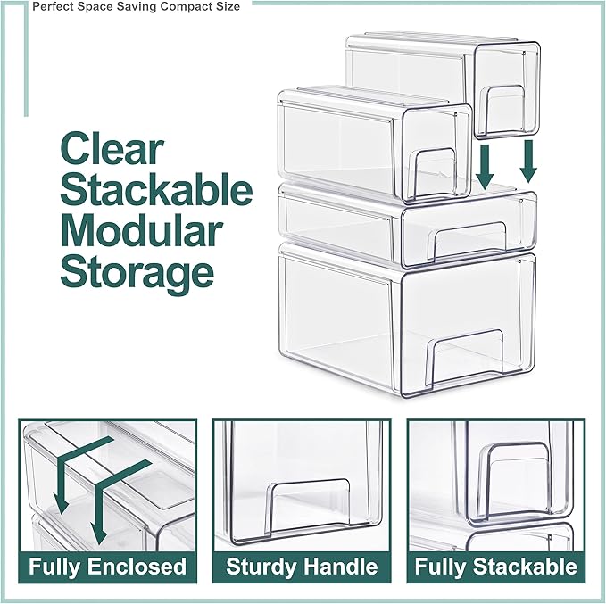 Sorbus Small Clear Stackable Storage Drawers 2-Pack Plastic Organizer Bins with Handles Pull-Out Drawers for Bathroom Closet, Medicine, Cabinet, Pantry Storage, Baby Bottle Organizer