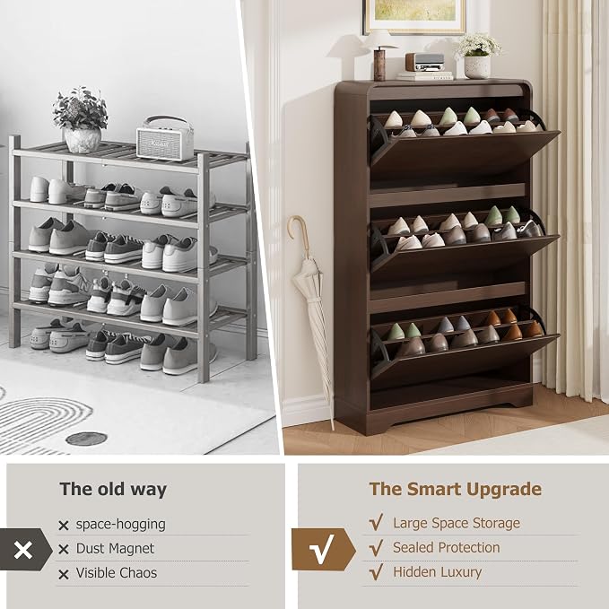Garvee Hidden Shoe Cabinet, Brown | 3 Flip Drawers, Freestanding, For Entryway, Hallway, Foyer, Modern Design, Small Space