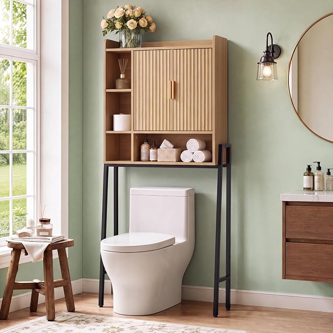 31" W Over The Toilet Storage Cabinet with Fluted Door,Bathroom Organizers and Storage with Adjustable Shelves, Mordern Over Toilet Organizer for Bathroom,Restroom,Laundry,Oak