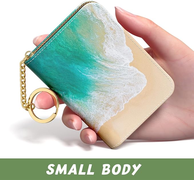 Aiawoxc Credit Card Holder for Women, Small RFID Wallet Slim Leather Business Card Organizer Case with Zipper and Keychain, Beach