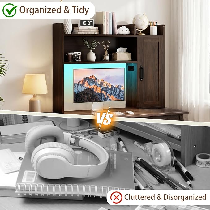 Desktop Bookshelf, Desk Hutch with RGB LED Lights & Power Outlets 37" Desk Hutch Organizer with Storage Cabinet Desktop Storage Shelf for 27" Monitor, Tabletop Bookcase for Dorm Office Home