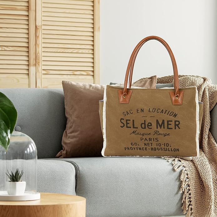 Lamyba Sel De Mer Canvas HandBag Upcycled Canvas Leather Tote Bag