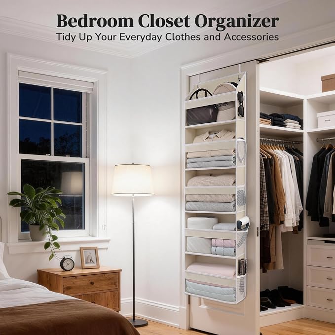 5 Tiers Ultra-Thin Over Door Organizer with 10 Mesh Side Pockets, 44 lbs Weight Capacity Hanging Storage Organizer with Clear Window Kids Toys, Shoes, Diapers, Beige