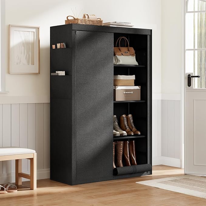 9 Tier Shoe Rack with Cover, Cabinet for 35 Pairs, Black | Holds boots, heels, sneakers. Flat top for bags/plants. Fits narrow corners. No tools, numbered parts, 30-min setup.