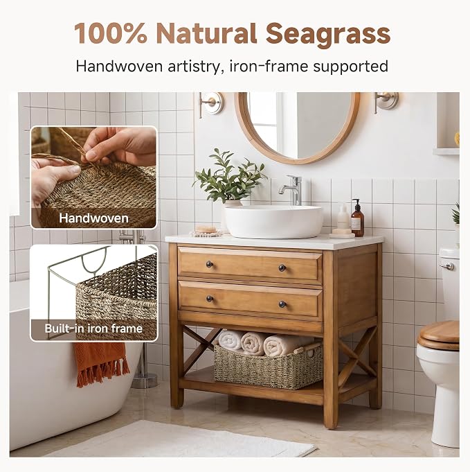 StorageWorks Large Wicker Baskets for Organizing, Seagrass Storage Baskets with Handles, Woven Baskets for Pantry Storage, 16½" x 13" x 7½", 1-Pack