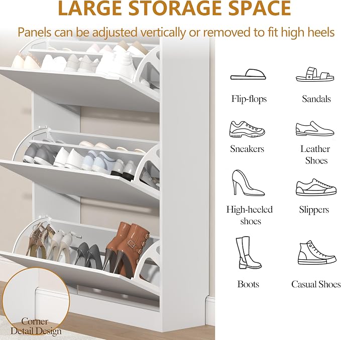 Wodeer Narrow Shoe Cabinet for Entryway, Slim Shoe Storage Cabinet with 3 Flip Drawers, Hidden Wood Shoe Cabinet Storage, Freestanding Shoe Rack Organizer Foyer, Hallway, White