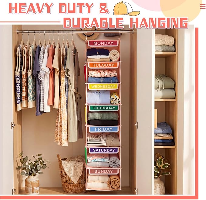 Amylove 2 Pcs 7 Shelf Weekly Clothes Organizer for Kids Hanging Closet Organizer 11. 8 x 11. 8 x 50 Inch Daily Activity Kids Clothes Storage Drawers Cube Drawers Closet Hanging Shelves(Orange Pink)