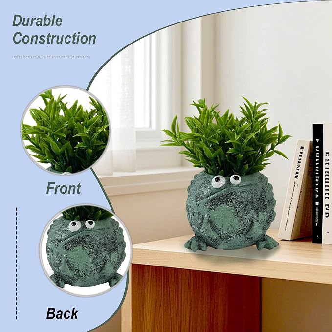 Frog Pen Holder for Desk, Cute Resin Flower Pot & Pencil Cup, Holds 10 Pens, Vintage Stacked Frog Figurine with Removable Grass, Desk Organizer for Office Home Decor, Unique Gift