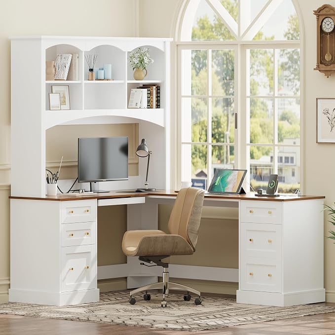 Merax L Shaped Desk White, Corner Computer Desk with Dual Charging Stations & Keyboard Tray, Farmhouse Home Office Desk with Hutch, File Drawer & Storage Cabinet, Space Saving Workstation