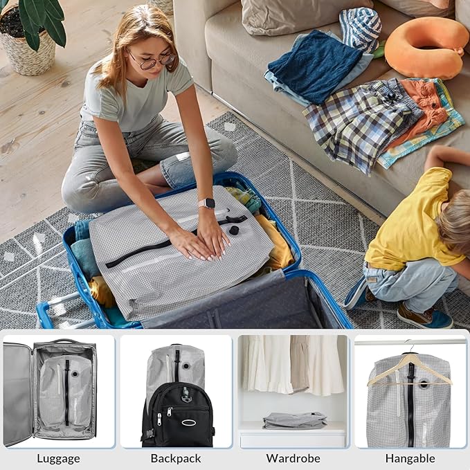 Reusable TPU Travel Vacuum Compression Bags - Waterproof Space Saver Bags for Luggage, Suitcase, Backpack, Storage Organizer (2 Pack, Grid)